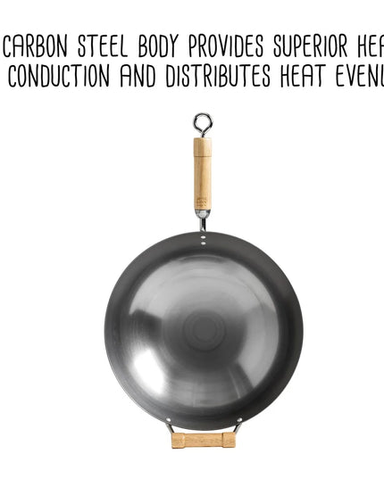 14 Inch Round Bottom Carbon Steel Wok with Birch Handles Induction Safe Non Stick Traditional Asian Cooking Essential Hand Wash