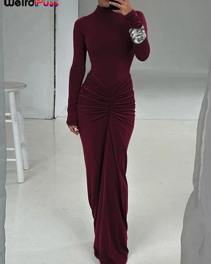 Weird Puss Hipster Ruched Dress Women o-NeckFull Sleeve  Skinny Stretch Robe Autumn Trend Simple Classic Pleats Long Bodycon