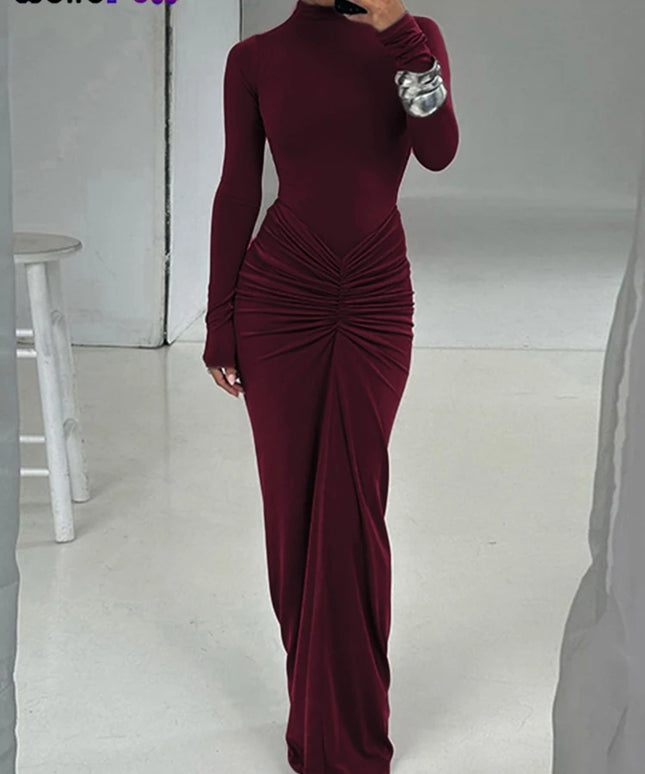 Weird Puss Hipster Ruched Dress Women o-NeckFull Sleeve  Skinny Stretch Robe Autumn Trend Simple Classic Pleats Long Bodycon