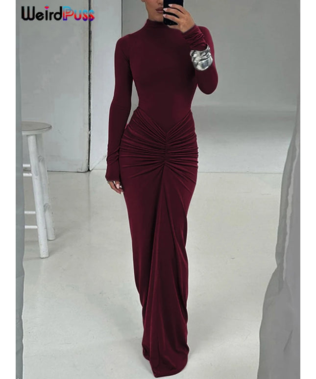 Weird Puss Hipster Ruched Dress Women o-NeckFull Sleeve  Skinny Stretch Robe Autumn Trend Simple Classic Pleats Long Bodycon