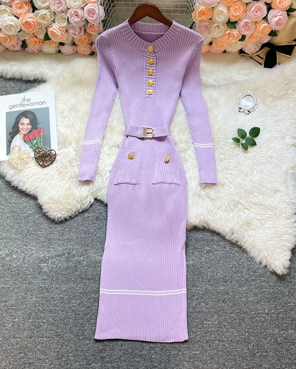 YuooMuoo 2025 Autumn Winter Women Knitted Long Dress Elegant O-neck Buttons Slim Waist Belted Sweater Dress Office Lady Vestidos
