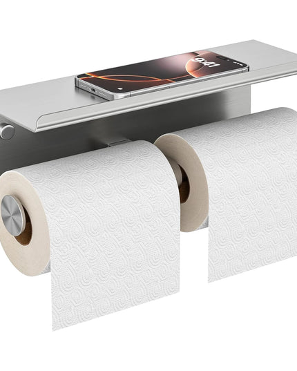 Double Toilet Paper Holder Wall-Mounted Stainless Steel Toilet Paper Holder with Phone Shelf Tissue Holder Bathroom Accessories