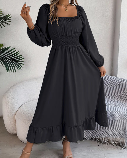 Spring Summer Elegant High Waist Square Neck Long Sleeve Ruffled Edge Long Dresses for Bridesmaids Red Blue Khaki Women Dresses