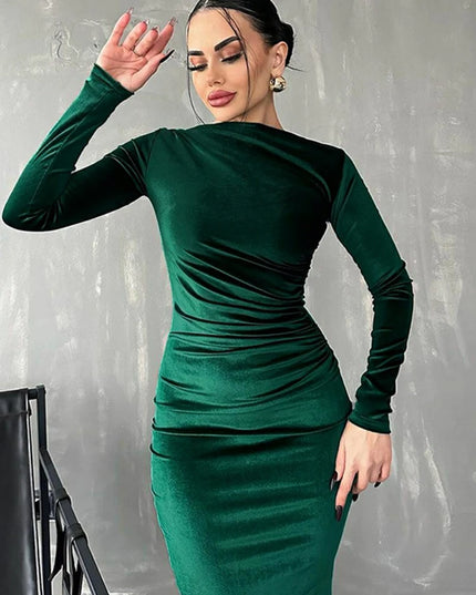Dulzura 2024 Spring Summer Velvet Long Sleeve Midi Dress For Women Ruched Long Dress Elegant Party Clothes Evening Green Outfits