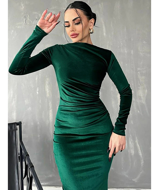 Dulzura 2024 Spring Summer Velvet Long Sleeve Midi Dress For Women Ruched Long Dress Elegant Party Clothes Evening Green Outfits