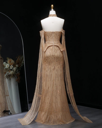 Sharon Said Luxury Grey Crystal Evening Dress with Cape Sleeves 2025 Elegant Off-Shoulder Weddin Party Gown SS558 Customized