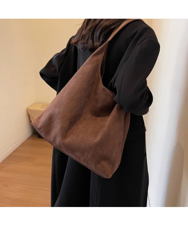 Autumn and Winter Vintage Women's Bag Large Capacity Suede Shoulder Bag Solid Color Simple Casual Commuter Bag Retro Handbags