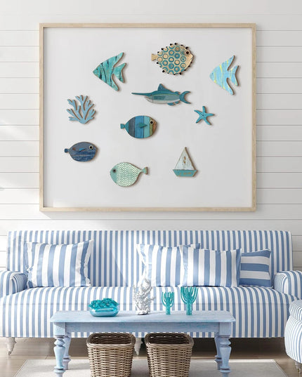 Handcrafted Wooden Ocean Wall Decor - Fish, Coral, Starfish & Sailboat Set for Home/Bathroom, Coastal Style Art