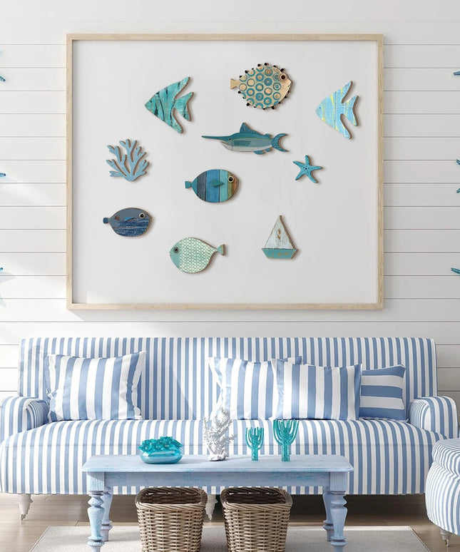 Handcrafted Wooden Ocean Wall Decor - Fish, Coral, Starfish & Sailboat Set for Home/Bathroom, Coastal Style Art