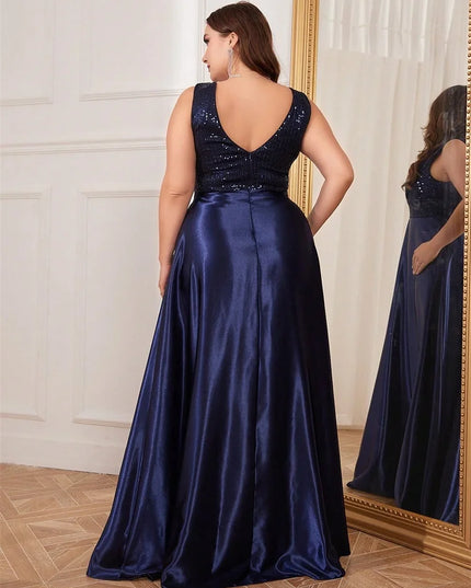 Plus Size Elegant Sequins Evening Dress For Women 2025 Deep V-neck Satin Prom Party Dress Floor Length Formal Bridesmaid Gowns