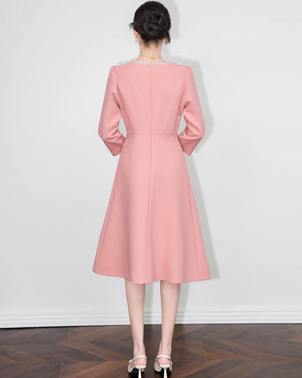 ZJYT New Fashion Beading Midi Dresses for Women Autumn 2025 Designer Long Sleeve Solid Pink Aline Casual Party Dress Vestidos