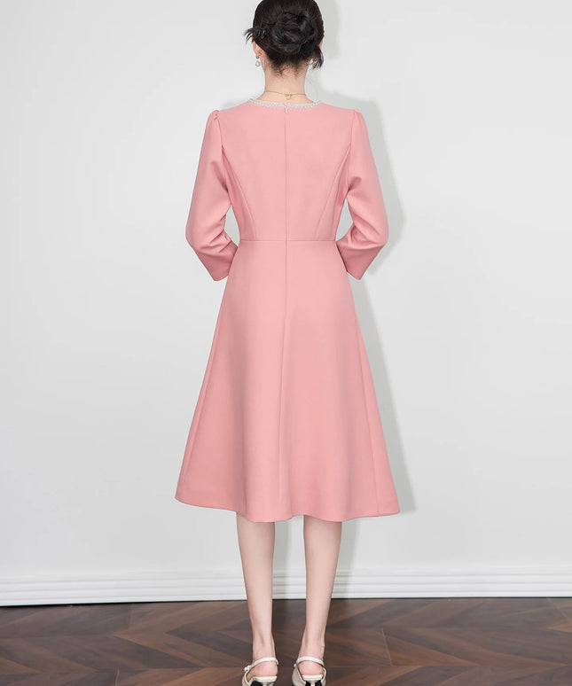 ZJYT New Fashion Beading Midi Dresses for Women Autumn 2025 Designer Long Sleeve Solid Pink Aline Casual Party Dress Vestidos