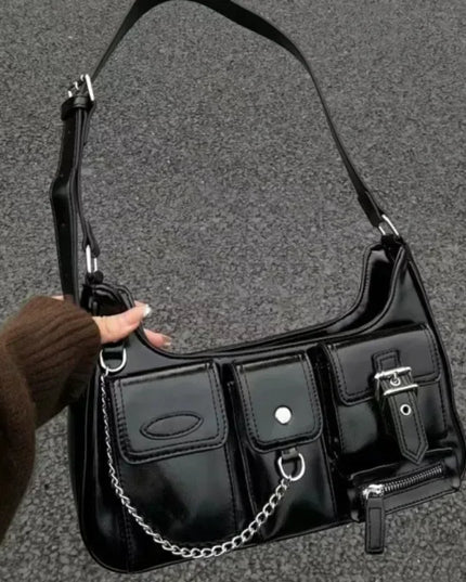 Y2K Korean Women Harajuku Vintage Gothic Black Hand Bag Aesthetic Elegant Punk Wallet Purse Handbags Shoulder Trend Tote Bags