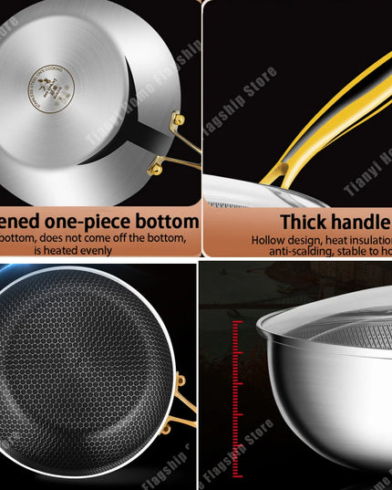 316 Stainless Steel Frying Pan Wok Non-stick Cooking Honeycomb Steak Gas Stove Pot Induction General Saucepan Kitchen Cookware