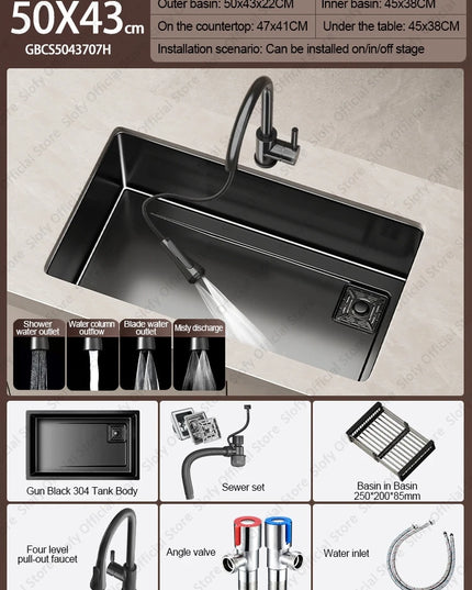 304 Stainless Steel Kitchen Sink Black Single Bowl Thickened Material Wear-Resistant Vegetable Workstation Drainage Accessories