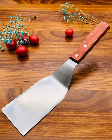 Stainless Steel Square Head Steak Cooking Spatula Wood Handle Pizza Shovel Pancake Beef Turner Scraper BBQ Utensils For Kitchen