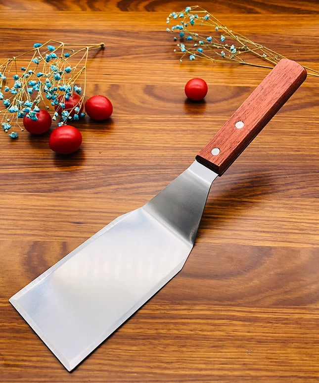 Stainless Steel Square Head Steak Cooking Spatula Wood Handle Pizza Shovel Pancake Beef Turner Scraper BBQ Utensils For Kitchen