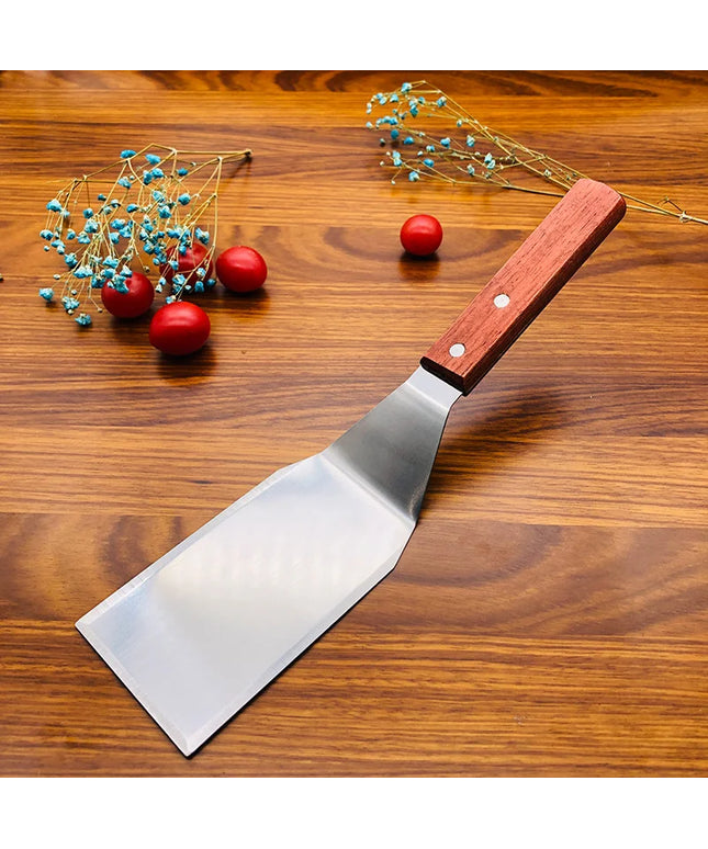 Stainless Steel Square Head Steak Cooking Spatula Wood Handle Pizza Shovel Pancake Beef Turner Scraper BBQ Utensils For Kitchen